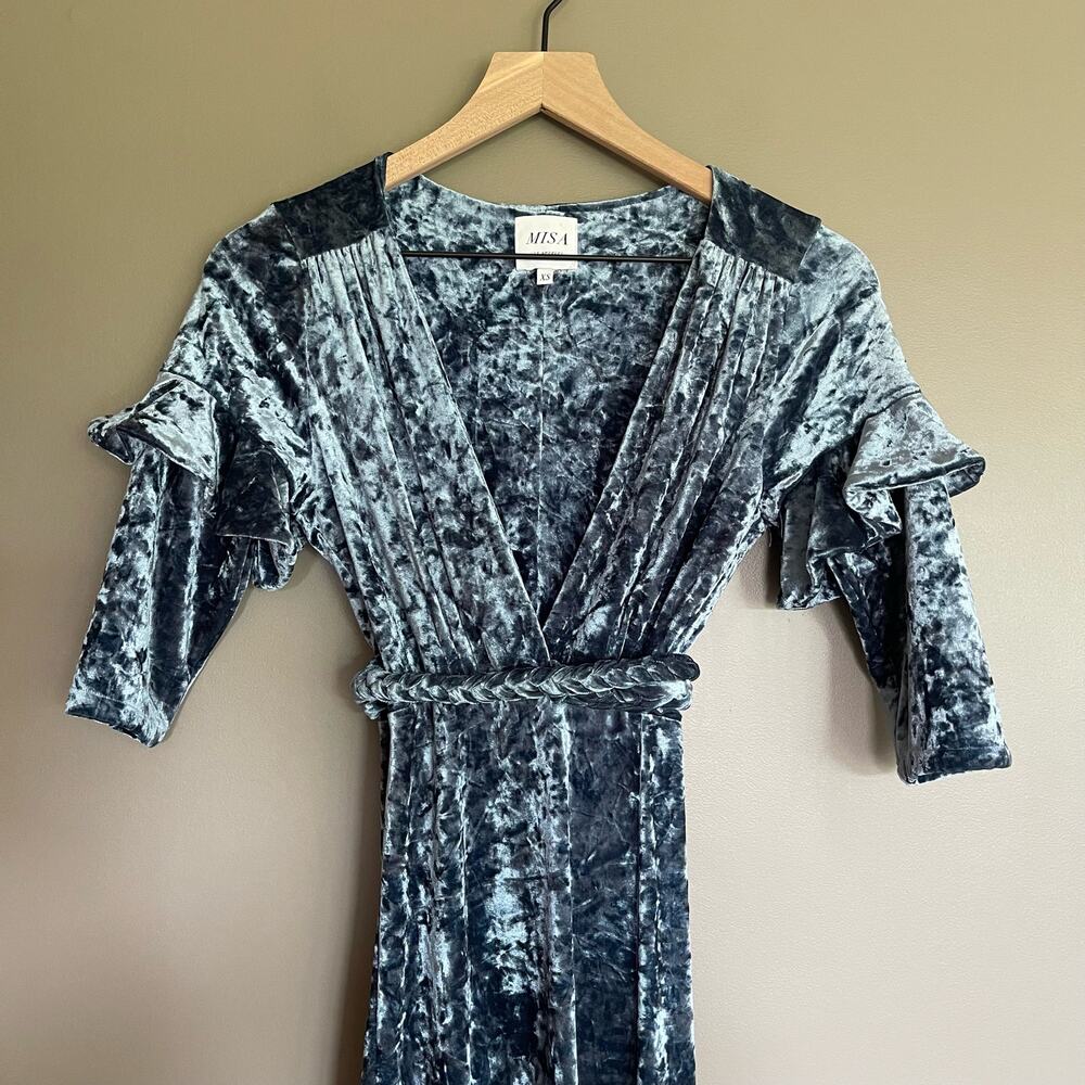 Misa Symone Wrap Dress Velvet Maxi Size XS Ruffle Sleeves Braided Sash Belt Teal - Picture 7 of 16